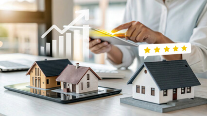 Real estate investment growth, housing market analysis, property investment with rising chart, business using tablet for real estate fintech, miniature house models on digital platform
