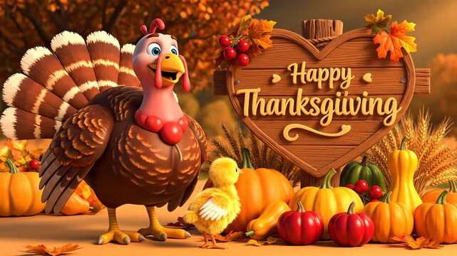 Festive Happy Thanksgiving illustration featuring a cute cartoon turkey, a small chick, pumpkins, and a warm autumn background