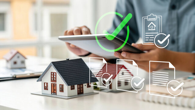 Real estate contract approval, digital mortgage application, property investment, house loan agreement, businessman using tablet for online document verification, smart property management, 