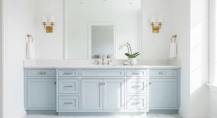 Modern bathroom interior with light blue vanity and white walls
