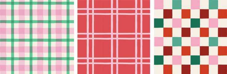 Christmas patterns set. Merry Christmas backgrounds, seamless patterns. Plaid, Checked pattern design. Red, green and pink Xmas colors