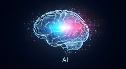 Conceptual representation of artificial intelligence with a glowing digital brain, illustrating neural network activity, machine learning, and future technology