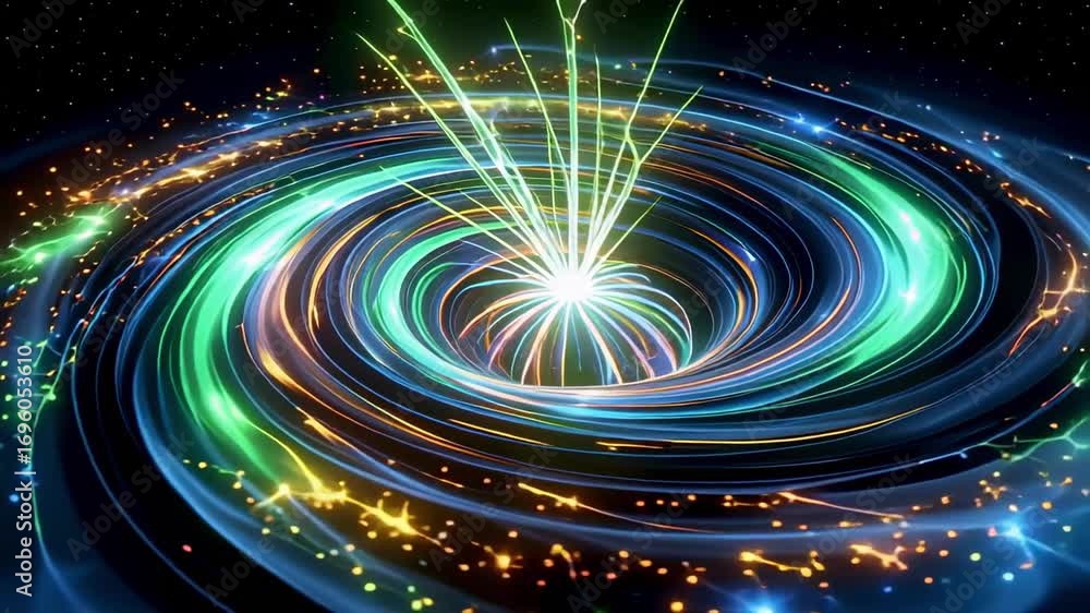 Poster abstract energy vortex background animation with glowing light trails and particles effect 4k