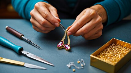 Person making handmade jewelry with beads and tools on table