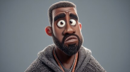 An animated character with a thick beard and large expressive eyes shows a range of emotions in a neutral background.
