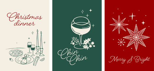 Merry Christmas, hand drawn illustrations, vertical Christmas cards in modern vintage style. Christmas eve dinner, wine, candles, tree decorations elements