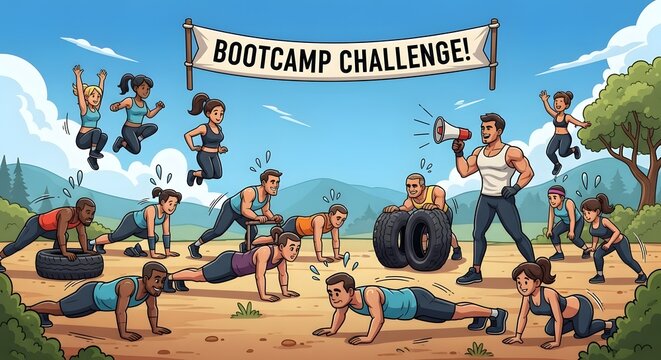 Energetic outdoor fitness bootcamp with a diverse group of individuals tackling a challenging workout session led by a coach