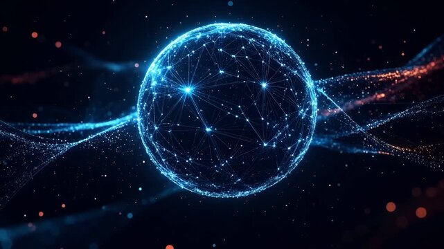 流れるようなデジタル粒子が集まり、光るネットワーク球体を形成しています。
暗い未来的な背景に浮かぶ球体は、AIやビッグデータ、情報社会を象徴しています。
先端技術やサイバー空間、クラウドやIoTを表現する抽象的なビジュアルです。