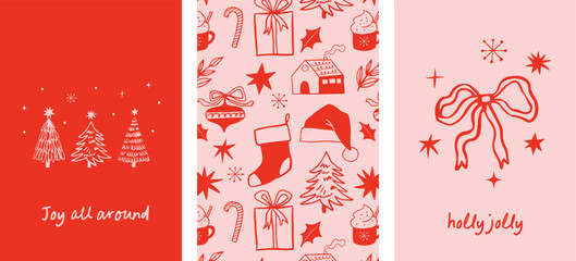 Naklejka premium Merry Christmas, hand drawn illustrations, vertical Christmas cards in modern vintage style. Christmas eve, whimsical bows, Christmas tree, wine, vintage toys, gifts and tree decorations elements