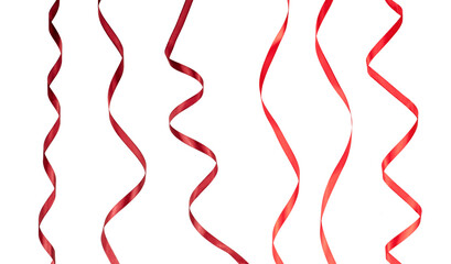 set of red curly ribbon band strings hanging isolated on white or transparent png