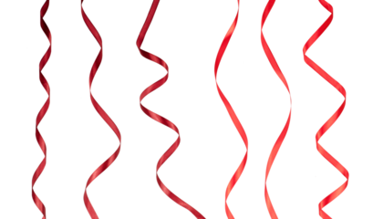 set of red curly ribbon band strings hanging isolated on white or transparent png