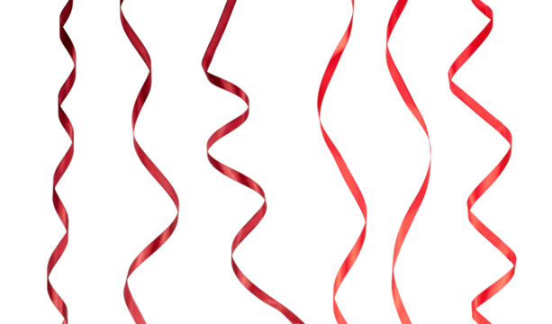 set of red curly ribbon band strings hanging isolated on white or transparent png