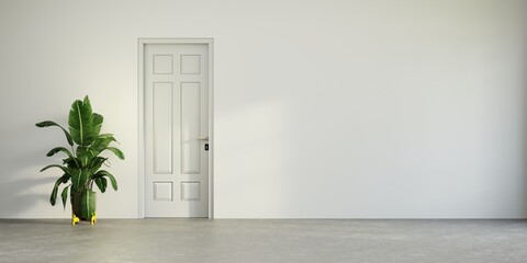 White door in a white wall and green plants, minimalist