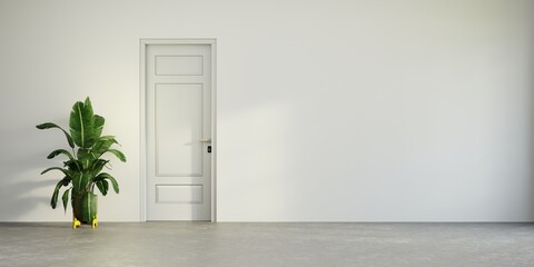 White door in a white wall and green plants, minimalist