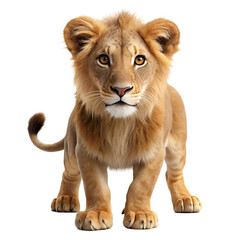 Fototapeta premium A young cartoon lion standing tall, isolated on transparent background, showcasing its impressive mane and regal posture in a vibrant illustration