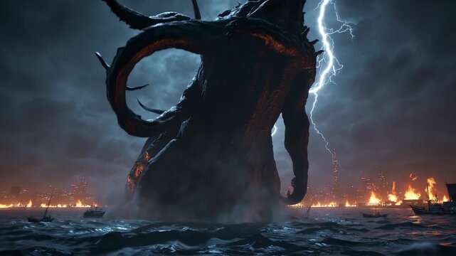 Terrifying creature with tentacles rising from ocean. Demon storm clouds unleash destruction. Giant monster attacks city. Urban apocalypse fueled by chaos and monstrous rising ocean demon