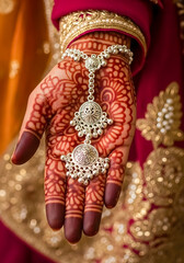 Fototapeta premium Bridal mehndi art on hand with traditional Indian jewelry detail shot