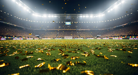 Victory Celebration Golden Confetti Stadium Night Football Soccer Championship Win Award Ceremony Event