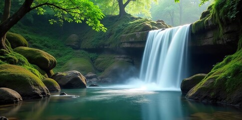 Serene waterfall cascading over moss-covered rocks, creating a misty, tranquil atmosphere Perfect for relaxation and spa themes Ideal for meditation and nature imagery , cascade, spa, quiet