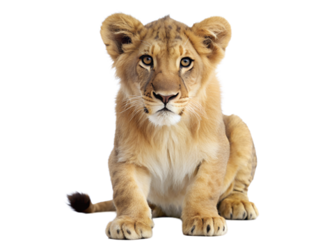 A cute cartoon lion cub sitting, isolated on transparent background, showcasing its impressive mane and regal posture in a vibrant illustration - Powered by Adobe