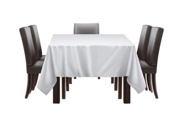 Square table with white tablecloth and dark chairs