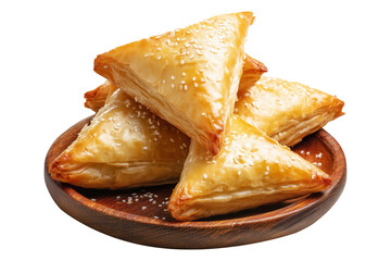 Briouat triangular fruit filled pastries, phyllo pastries filled with meat or almonds isolated on white transparent background, concept of Arabic sweet baked desserts