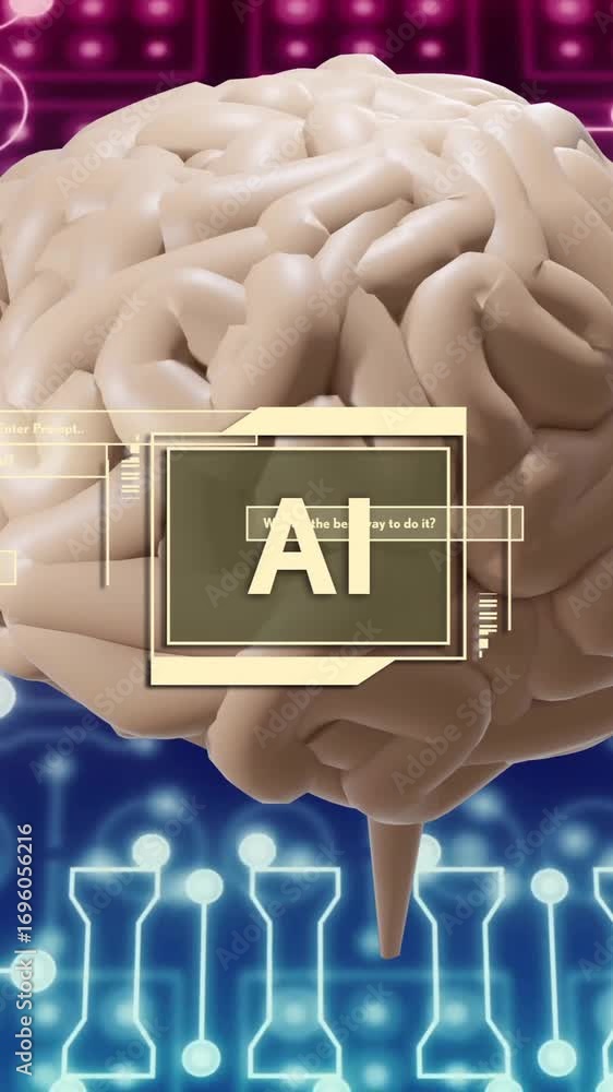 Poster animation of ai text, human brain and data processing