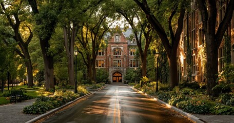 Fototapeta premium Evening Light Casts a Warm Glow on a Historic Building Surrounded by Lush Trees and Pathways.