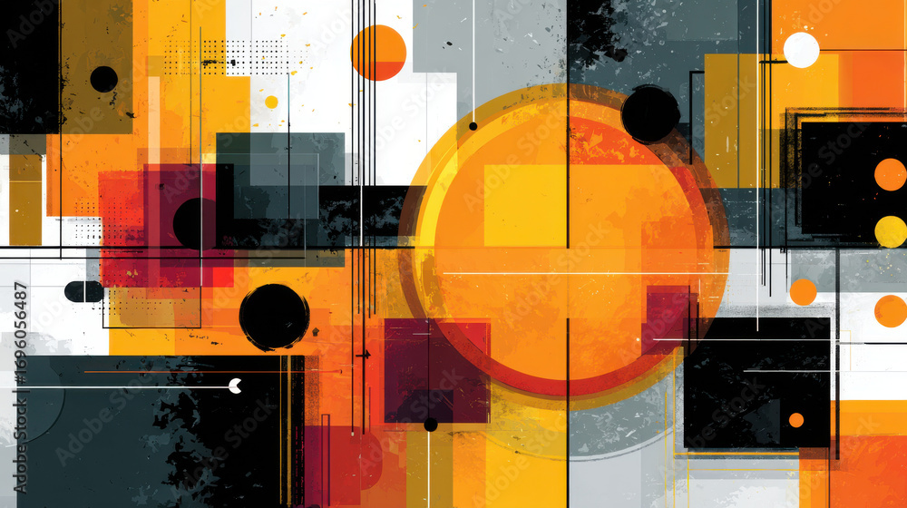 Poster abstract geometric design featuring vibrant colors and shapes, including circles and squares, creati