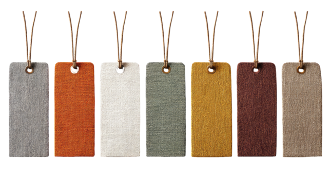 Row of blank, textured tags in various muted colors, hung by brown string