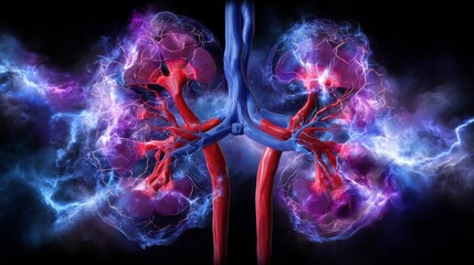 Obraz premium Anatomical Illustration of Kidneys with Ureters and Cosmic Background