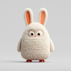 A fluffy rabbit character with large expressive eyes and bright orange ears stands on a simple background, showcasing its adorable features and soft texture.