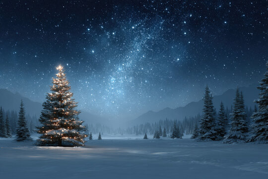 enchanting winter landscape with majestic christmas tree illuminated by ar firework display set against starry sky