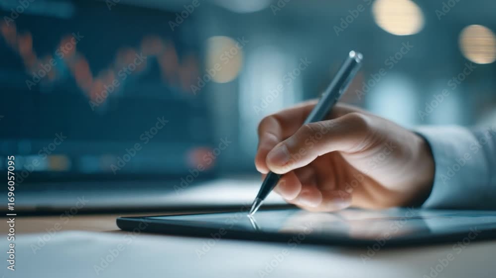 Poster close-up of hand using digital tablet for financial analysis and data visualization in modern worksp