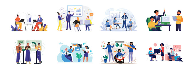 Business Illustration Set: Corporate Strategy, Finance, Marketing, Teamwork, Leadership, Innovation, Startup Growth, Analytics, Office Work, Planning, and Success Vector Illustrations