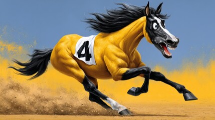 Cartoon Horse Running Fast in a Race with Number Bib Against a Vibrant Blue Sky