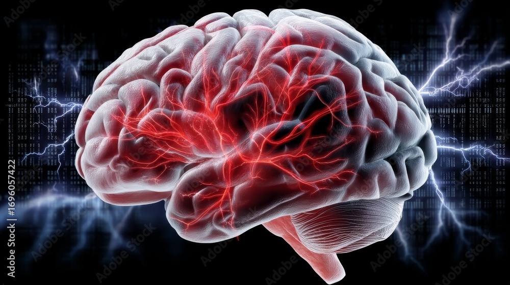 Poster detailed visualization of a human brain highlighted with neural pathways and electric impulses