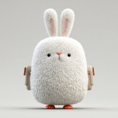 A fluffy rabbit character with large expressive eyes and bright orange ears stands on a simple background, showcasing its adorable features and soft texture.