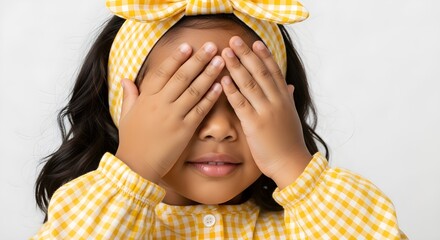 Adorable little girl covers her eyes with hands in a playful manner.