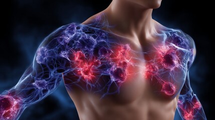 Digital Illustration of Human Body Highlighting Lymphatic Drainage Process with Glowing Elements