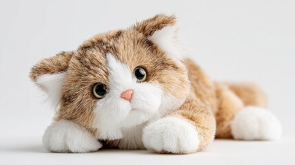A fluffy plush cat rests comfortably on a clean surface, its large eyes and soft fur making it look lifelike and inviting. The serene expression captivates attention.