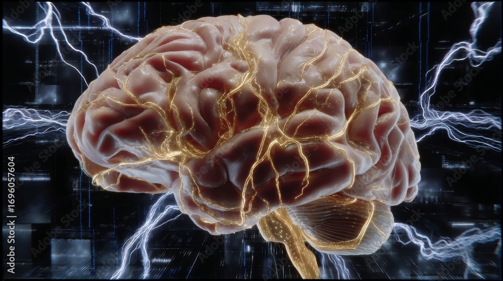 Aufkleber human brain with illuminated neural connections set against abstract digital background