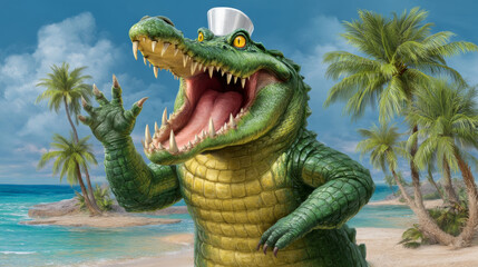 Cartoon Crocodile Lifeguard Blowing Whistle on Tropical Beach with Palm Trees