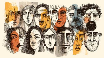Abstract illustration of diverse faces with expressive features.