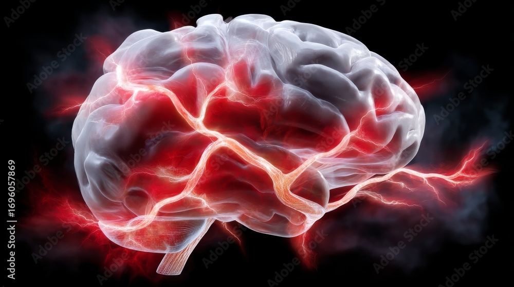 Poster abstract representation of a human brain with glowing neural pathways and electric impulses on a dar