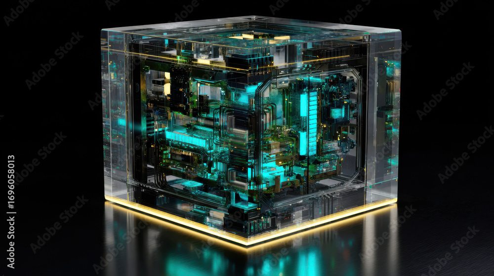 Poster smart eco factory design featuring transparent cube with intricate circuitry and glowing elements sh