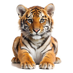 Fototapeta premium A captivating tiger cub, isolated on transparent background, lies gracefully, its striking stripes and innocent gaze embodying the allure of the wild