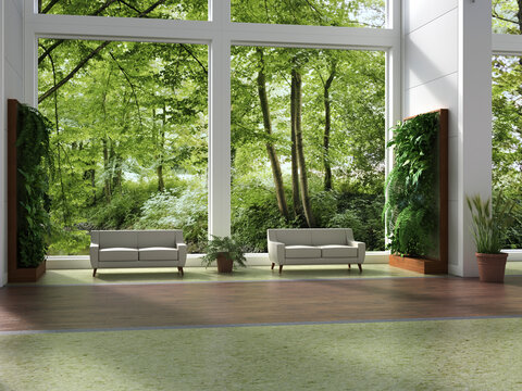 Fototapeta Modern sustainable interior space with large windows and vertical gardens