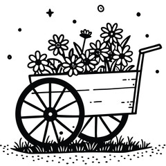 Fototapeta premium Black and white drawing shows a wooden cart full of daisy flowers amongst star details