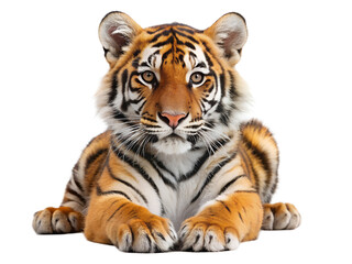 A charming tiger cub lying down isolated on transparent background, its bright orange and black stripes contrasting beautifully against the clean backdrop